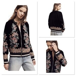 Anthropologie Elevenses Black Velvet Embroidered Bomber‎ Jacket Full Zip Medium